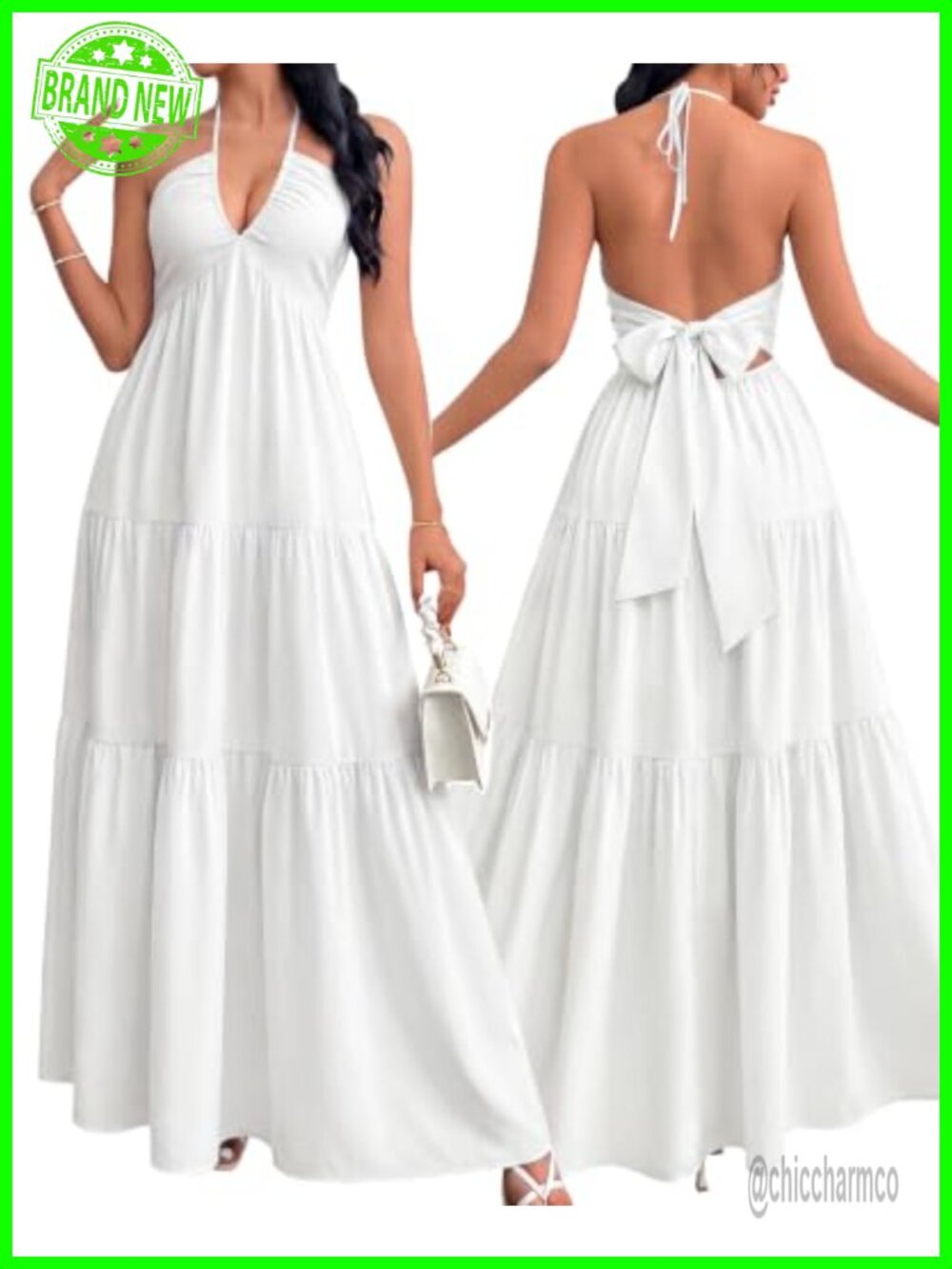 Flowy Maxi Dress Halter V-Neck Sleeveless A-Line Backless Bow Tie Vacation